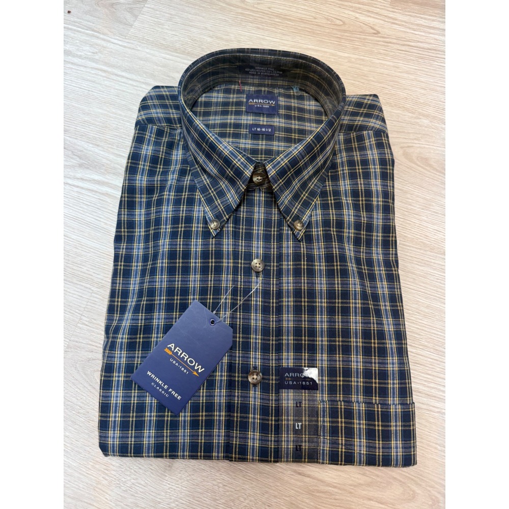 Arrow USA 1851 Mens Large Tall Plaid Button Down Shirt Wrinkle Free Navy Yellow